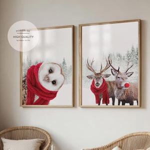 Printable Christmas Set of 2 Wall Art, Reindeer Print in Snow, Winter Poster, Christmas Print, Winter Gallery Wall
