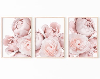 Peony Print, Peony Wall Art, Botanical Prints Set of 3, Pink Rose Print, Floral Print Wall Art, Printable Wall Art Set