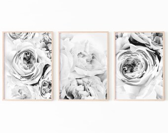 Peony Print Set of 3, Peony Wall Art, Flower Print Black and White, Peonies Print Digital, Floral Print, Botanical Print Download