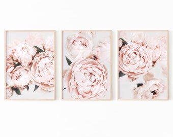 Peony Print Set of 3, Flower Print Set, Blush Pink Wall Art, Flower Prints Wall Art, Peonies Printable Art, Flower Print Digital