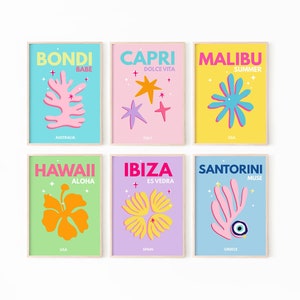 Gallery Wall Set, Travel Art Prints Set of 6, Palm beach Print, Capri Print, Miami Beach Print, Mykonos Print, Colorful Wall Art, Printable