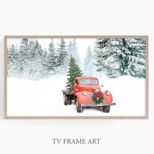 Samsung Frame TV Art Kerstmis, Vintage Rode Pickup Truck, Digitale Download, Winter, Kerstmis, Frame TV Art, Samsung Art TV