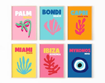 Travel Print Set of 6, Palm Beach Print, Mykonos Print, Capri Print, Ibiza Bohemia Print, Bondi Print, Dorm Decor, Instant Download, Miami