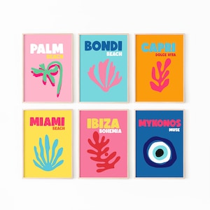 Travel Print Set of 6, Palm Beach Print, Mykonos Print, Capri Print, Ibiza Bohemia Print, Bondi Print, Dorm Decor, Instant Download, Miami