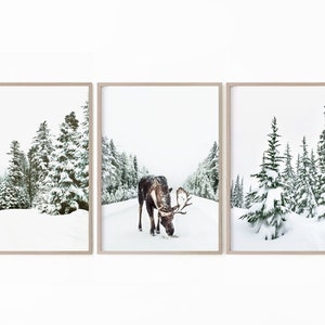 Winter Wonderland Printable Set of 3 Prints, Moose Print, Winter Decor, Winter Print Set, Nordic Winter Wall Art
