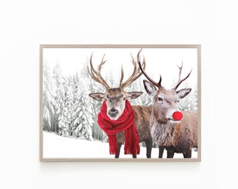 REINDEER PRINT, Winter Print Download, Christmas Print Wall Art, Deer Poster, Winter Printable Art, Snowy Forest Print, Winter Theme Prints