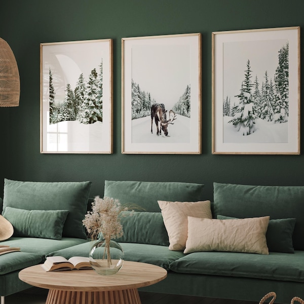 Winter Wonderland Printable Set of 3 Prints, Moose Print, Winter Decor, Winter Print Set, Nordic Winter Wall Art