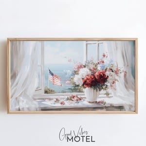 Independence Day Frame TV Art, 4th of July TV Art, American Flag, Hydrangea Oil Painting, Summer Art for TV, Americana Patriotic Art