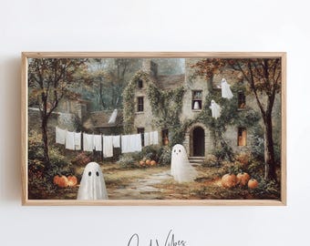 Arte de Halloween para TV con marco, arte de fantasmas, pintura de fantasmas de Halloween para Samsung Frame TV, arte espeluznante para TV, Halloween vintage, fantasmas adorables