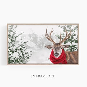 Samsung Frame TV Art Kerstmis, herten in een besneeuwd bos, Frame TV Art, hertenkunst, Samsung Frame Winter Art