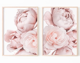Peony Wall Art, Peony Print Set of 2, Pink Rose Print, Botanical Print Set, Peony Printable Art, Flower Print Set