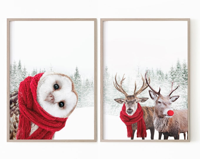 Printable Christmas Set of 2 Wall Art Reindeer Print in Snow - Etsy