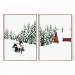 Winter Print Set of 2, Winter Wonderland Prints, Christmas Wall Art Printable, Christmas Print Set, Reindeer Print, Winter Printable