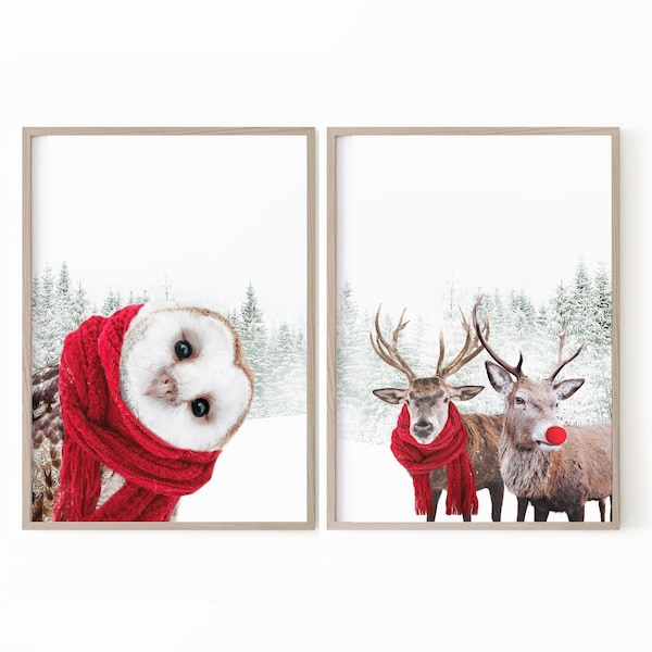 Printable Christmas Set of 2 Wall Art, Reindeer Print in Snow, Winter Poster, Christmas Print, Winter Gallery Wall