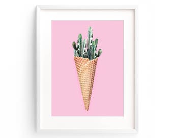 Pastel Cactus Art, Pink Cactus Print, Cactus Ice Cream, Food Art Print, Minimalist Cactus Collage Art, Succulent Wall Art, Cactus Printable
