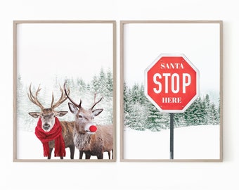 Christmas Printable Art, Set of 2 Prints, Santa Stop Sign with Reindeers, Winter Wall Art, Christmas Poster