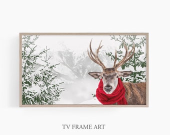 Samsung Rahmen TV Kunst Weihnachten, Hirsch in einem verschneiten Wald, Rahmen TV Kunst, Hirsch Kunst, Samsung Rahmen Winter Kunst