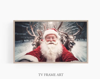 Samsung Frame TV Art Christmas, Santa with Reindeers, Digital Download, Frame TV Art, Santa&#39;s Selfie,  Samsung Frame Winter Art