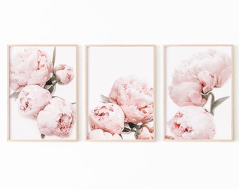 Peony Wall Art, Peony Print Set of 3, Blush Pink Wall Art, Botanical Print Digital Download, Flower Print Set, Peony Printables