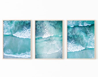 Ocean Art Print Set of 3 Prints, Ocean Print Download, Beach Print Aerial Photo, Surf Art Print, Sea Wall Art, Printable Art