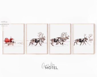 Set van 4 kerstafdrukken kerstman met slee, afdrukbare kerstset, galerijset van 4 prenten, kerstkunst aan de muur