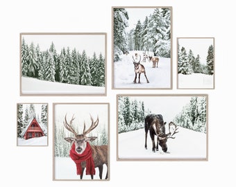 Winter Set of 3 Wall Art, Reindeer Print, Snowy Forest Print, Christmas ...