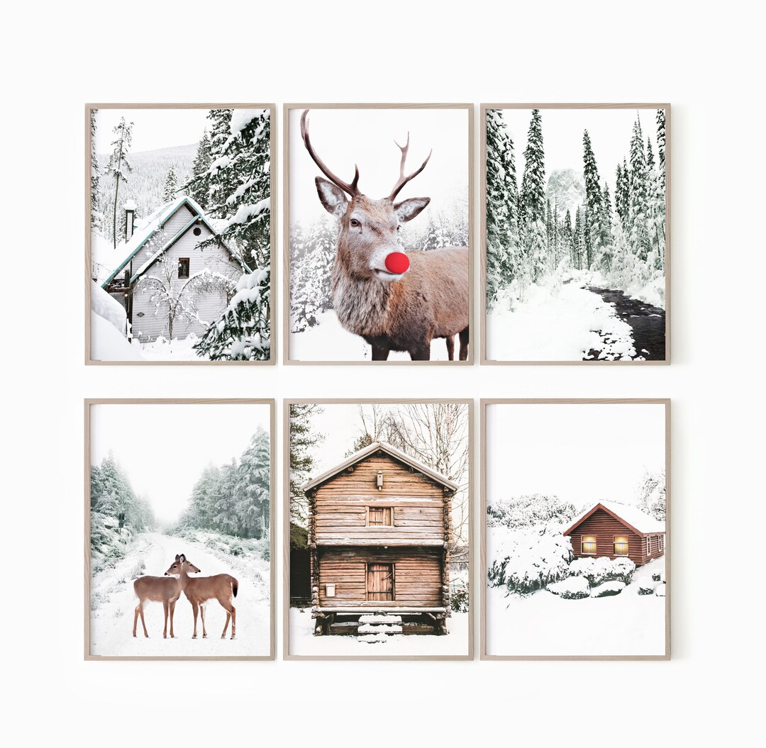 Winter Theme Prints Set of 6 Winter Wall Art, Reindeer Print, Snowy ...