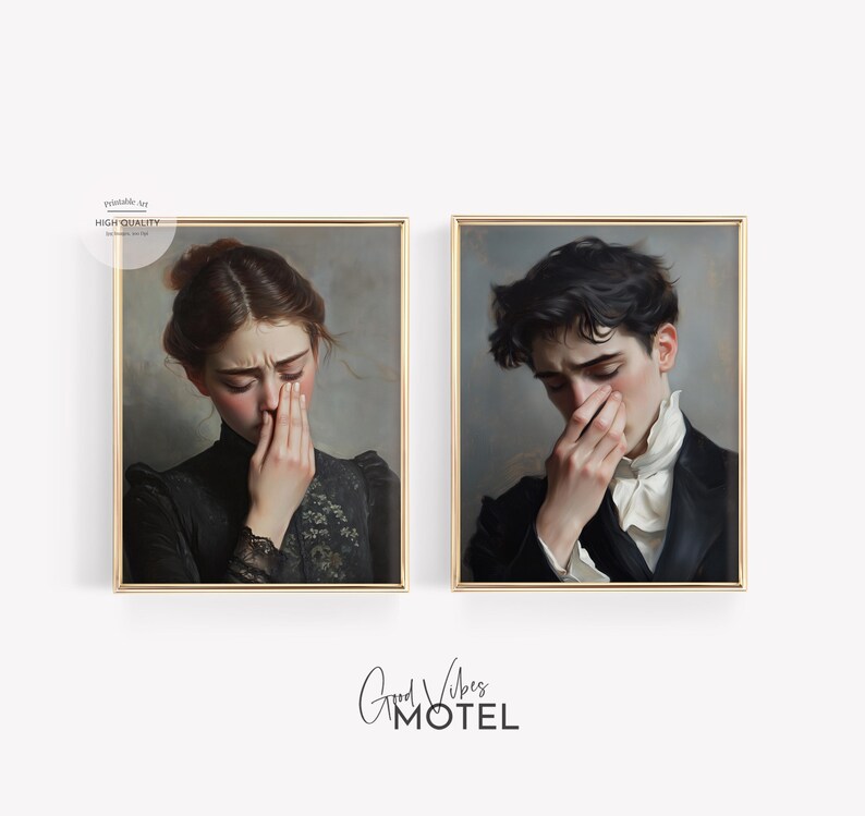 May include: Two framed portraits of people with distressed expressions. The woman on the left is wearing a black dress with lace detailing and has her hand covering her mouth. The man on the right is wearing a black suit with a white shirt and has his hand covering his mouth.