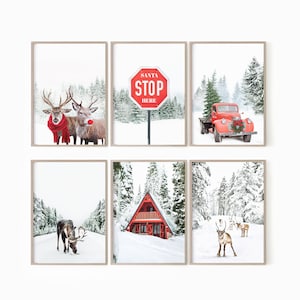 Winter Gallery Wall, Christmas Wall Art Set of 6 Prints with Moose, Reindeer, Printable Christmas Art, Winter Wall Art