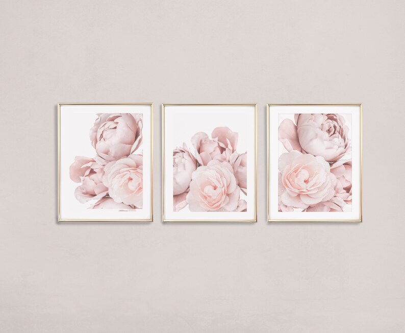 Op de afbeelding: Drie ingelijste prints van roze pioenrozen in een zachte, romantische stijl. De prints zijn in een rij geplaatst, met de bloemen die elkaar lichtjes overlappen.