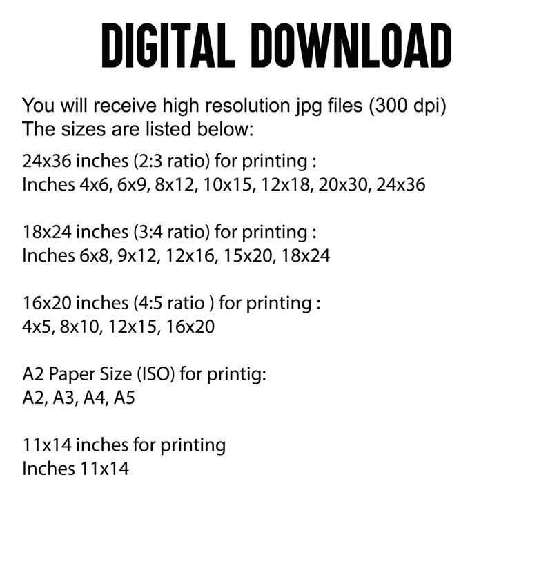 May include: Text on a white background listing the different sizes of digital downloads available. The sizes are listed in inches and include 24x36, 18x24, 16x20, and 11x14. The text also includes the A2 paper size (ISO) for printing.