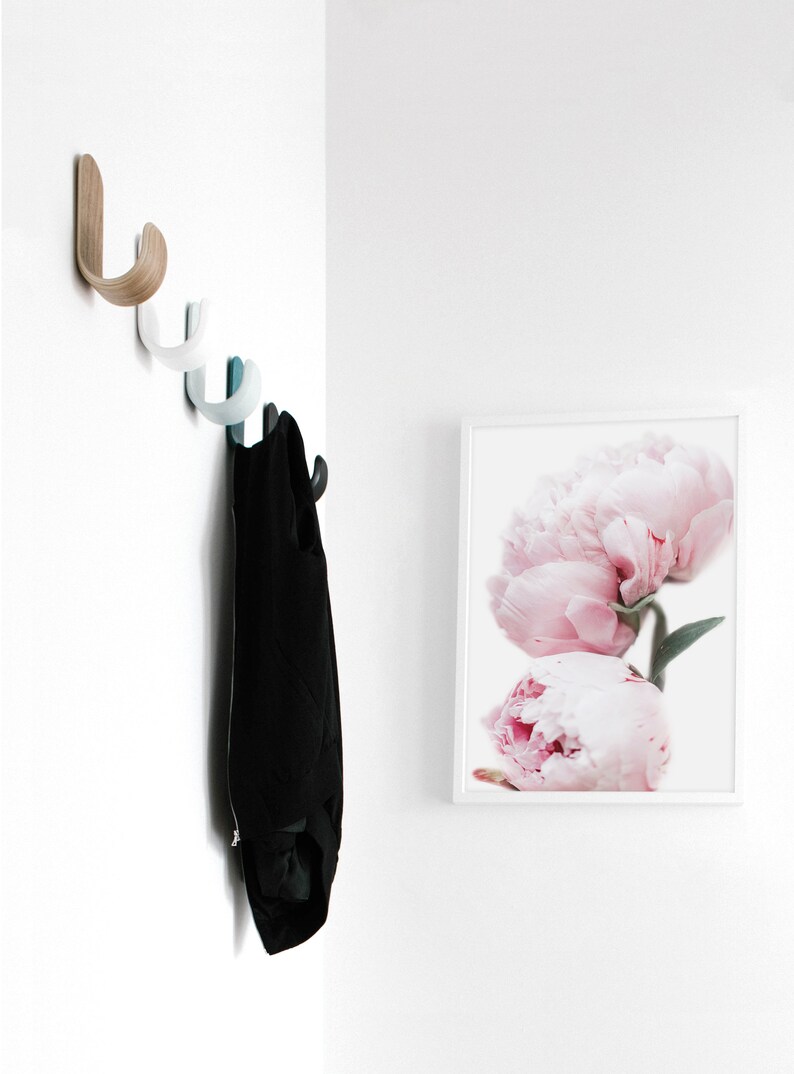 May include: A white wall with a set of wooden and blue hooks, a black jacket hanging on the hooks, and a framed print of pink peonies.