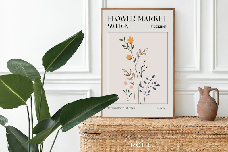 May include: A framed poster with a floral illustration and the text "FLOWER MARKET SWEDEN STOCKHOLM Exhibition Flower Collection 1998 No.9"