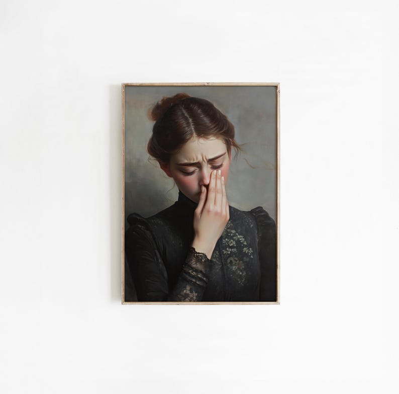 May include: A painting of a woman in a black dress with lace detailing. She is looking down and covering her face with her hand. The background is a muted gray.