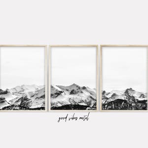 Snow Mountain Print, Black And White Mountain Printable, 3 Piece Poster, Wall Art, Instant Download, Nature Print, Triptych Wall Art