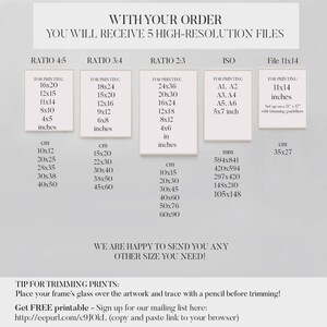 May include: A guide for printing digital art files in different aspect ratios and sizes. The guide includes information on printing in inches and centimeters, as well as the standard ISO paper sizes. The text reads "With your order you will receive 5 high-resolution files".