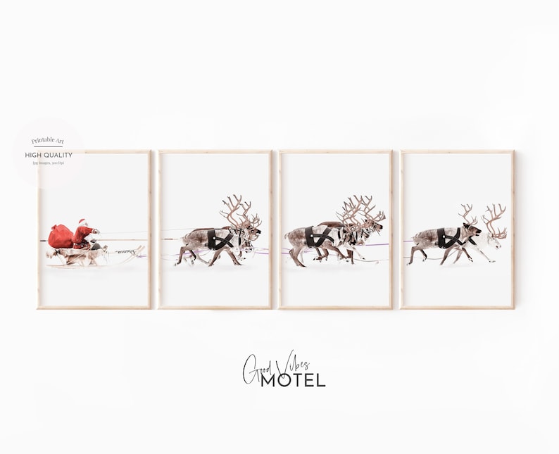 Set of 4 Christmas Santa Claus With a Sleigh Prints, Christmas ...