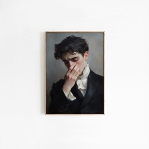 May include: A painting of a man in a black suit and white shirt, with his hand covering his mouth. He has dark hair and a serious expression.