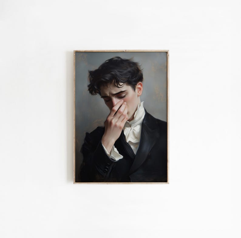 May include: A painting of a man in a black suit and white shirt, with his hand covering his mouth. He has dark hair and a serious expression.