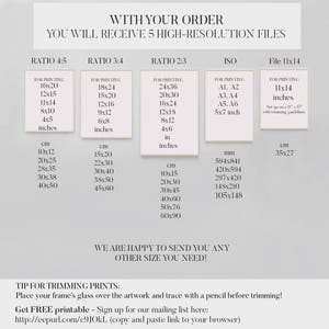 May include: A guide for printing digital art files in different aspect ratios and sizes. The guide includes information on printing in inches and centimeters, as well as the standard ISO paper sizes. The text reads "With your order you will receive 5 high-resolution files".