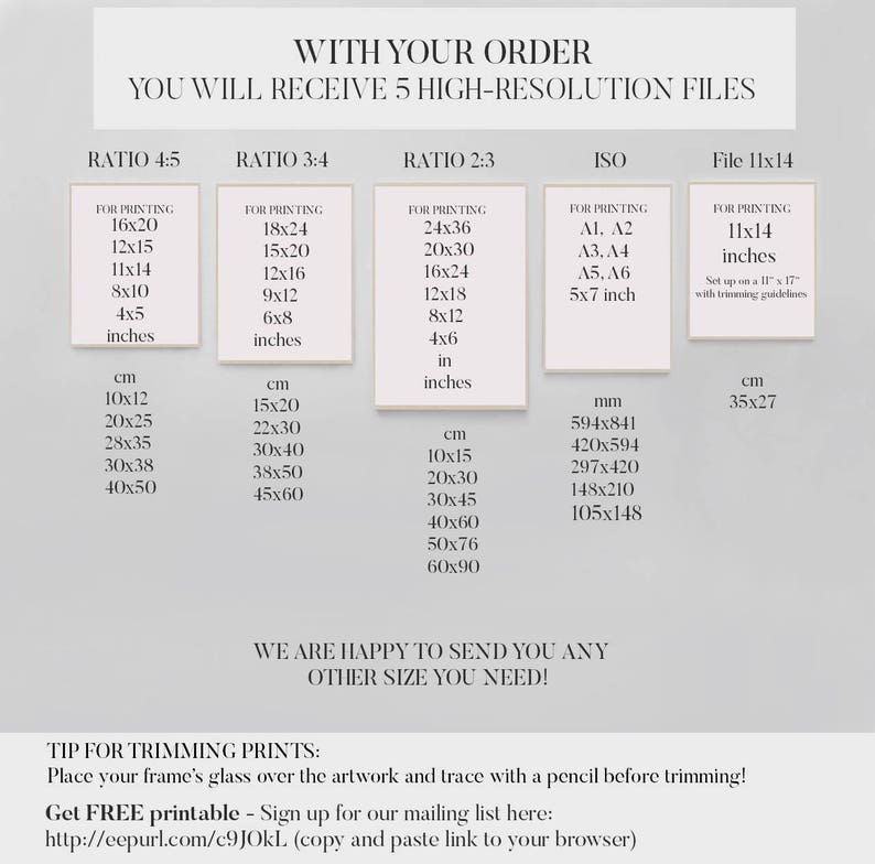 May include: A guide for printing digital art files in different aspect ratios and sizes. The guide includes information on printing in inches and centimeters, as well as the standard ISO paper sizes. The text reads "With your order you will receive 5 high-resolution files".