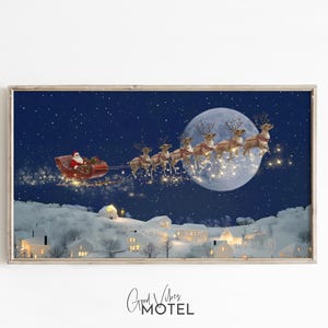Frame TV Art Christmas, Santa Sleigh with Reindeers Vintage Oil Painting Frame TV Farmhouse Frame TV Art