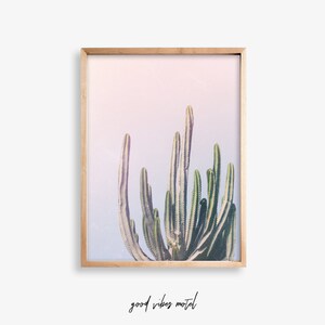 May include: A framed print of a cactus plant with a pink and purple gradient background. The text "good vibes motel" is written below the image.