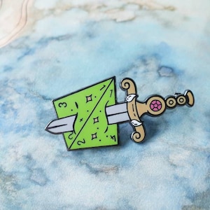 D4 Dice & Sword Enamel Pin. Dungeons and dragons themed pin!