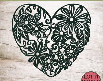 Swirly Floral Heart SVG - Floral Heart Template  - Floral SVG - Papercut Floral Heart Png, Svg, Dxf, Eps for Cutting Machines or Cut By Hand