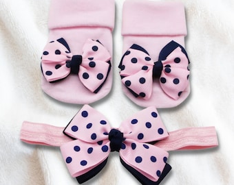 Baby Girl Socks and Headband Set  , Newborn Headband, Socks for Newborn Baby , Baby Shower Gift ,  Pink and black polka dots set