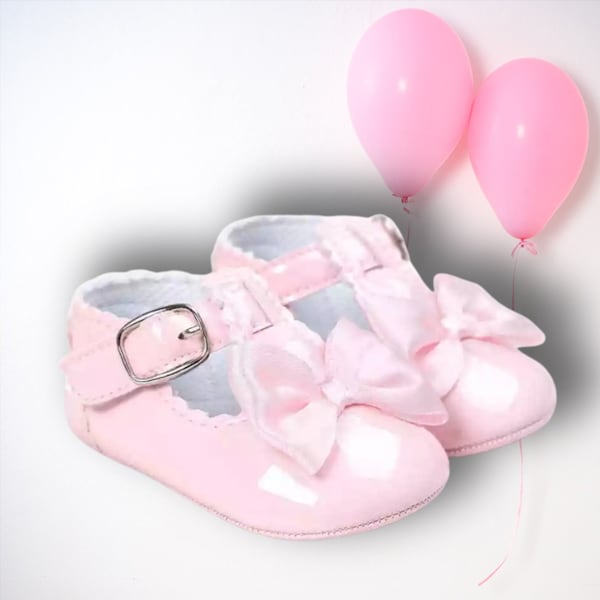 Glossy Pink Shoes for baby Girl, Pink Bow Shoes for Infant, Birthday Shoes