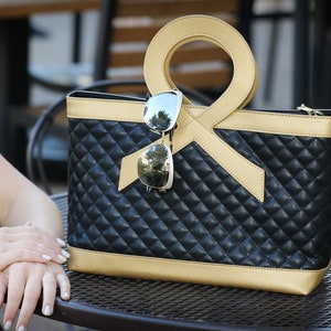 Black Leather Handbag, Designer Bag , Carrying the Hope Designer Handbag, Gold Ribbon Handbag, Genuine Leather Purse , Cancer Handbag