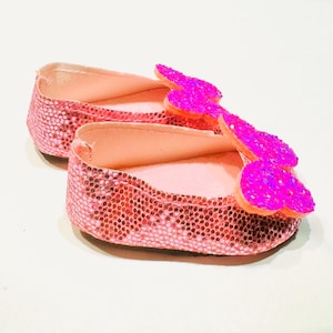 Pink Sparkly Shoes with Butterflies, Shoes for Dolls, 18 inch Doll Shoes, Butterfly Shoes