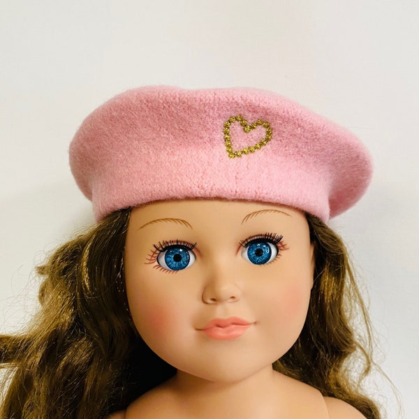 Pink Beret Hat , Heart Hat for Dolls, Hat for 18 inch Dolls